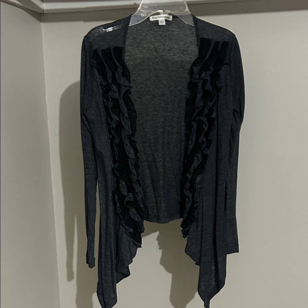 Dark Gray Ruffle-Trim Open Front Cardigan